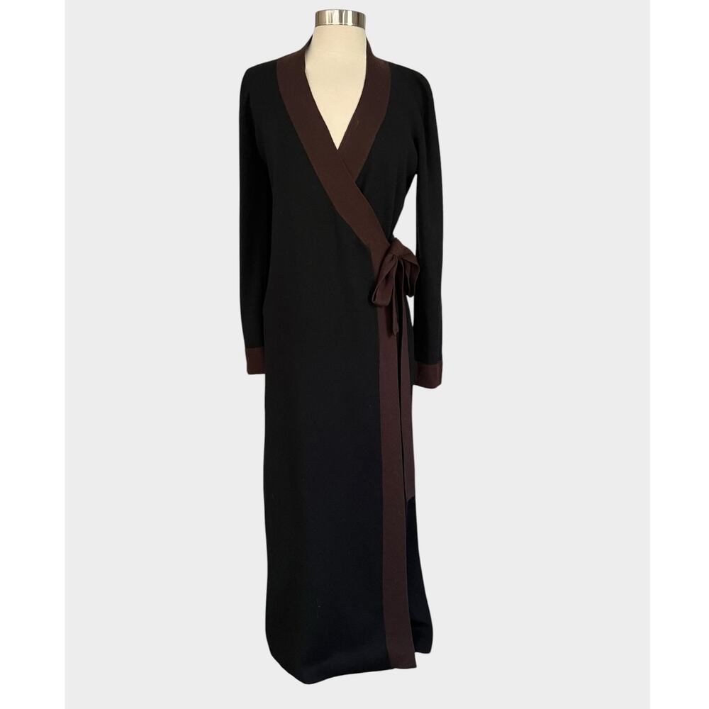 Vintage Nina Leonard Wool Blend Wrap Maxi Sweater Dress Black/ Brown 1980's S-M